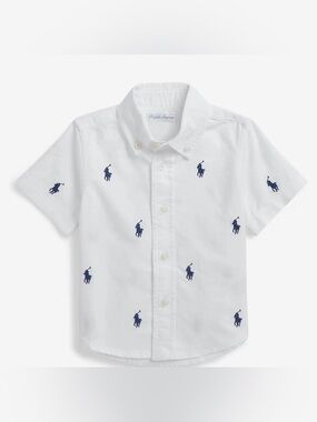 Ralph Lauren White Short-Sleeve Button-Down with Navy Pony Embroidery